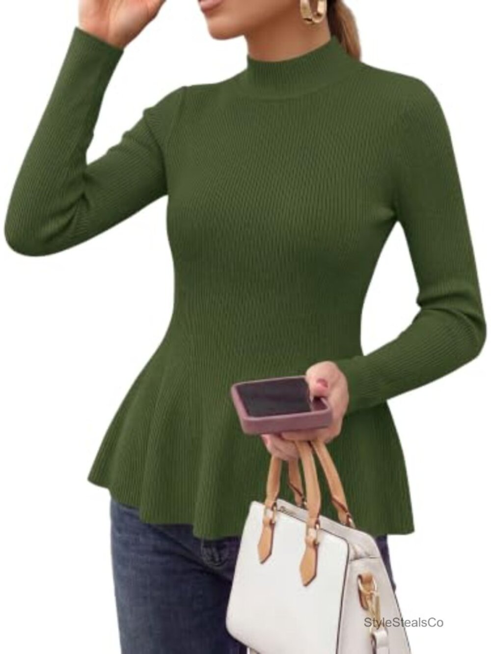 Women's Long Sleeve Peplum Knit Pullover Sweater Mock Neck Ruffle Hem